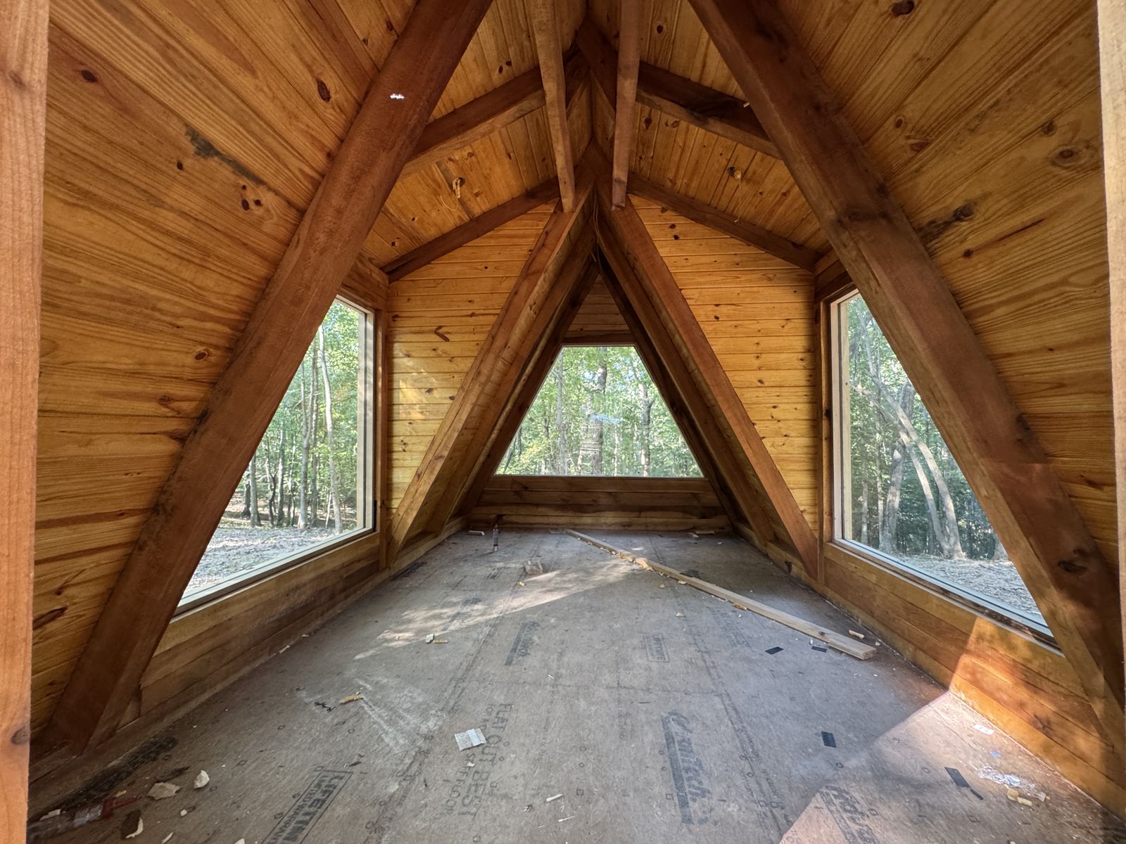 Inside a glamping cabin with windows looking out to the trees
