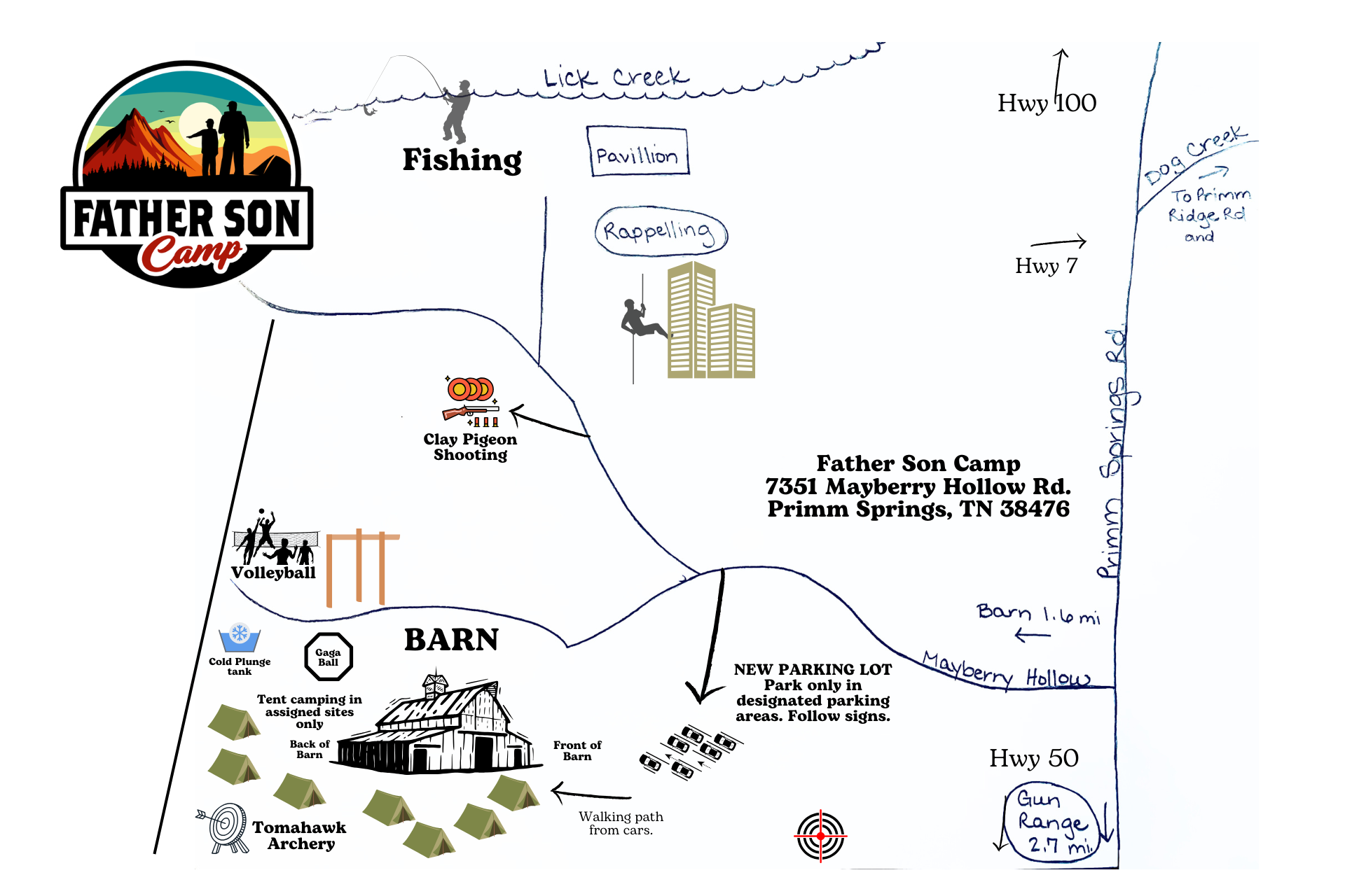 Father Son Camp facility map showing tent areas, activity zones, and amenities at The Ridge